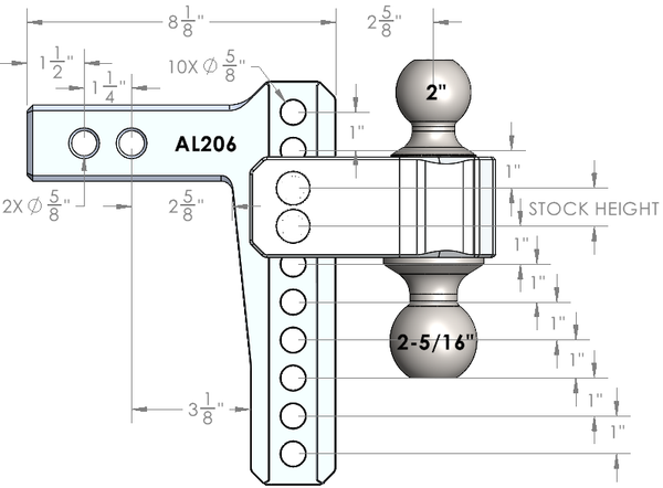 Specifications of the AL206 Aluminum Drop Hitch